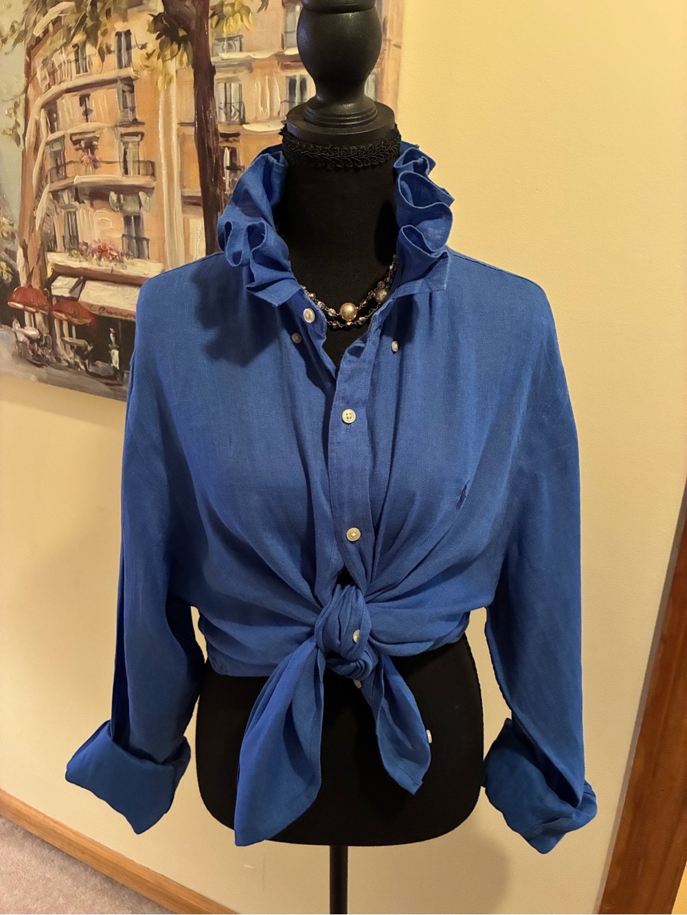 Ralph Lauren Royal Blue Ruffle Collar Tie-Front Shirt